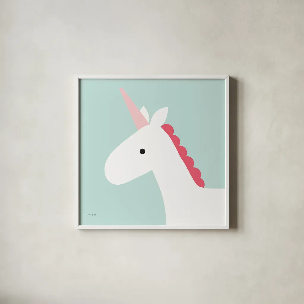 Unicorn by Ann Kelle. Shown in a crisp white glass frame for a clean and minimalist style. Available as an archival giclee rolled canvas, fine art paper, or poster print. SKU 56457a.