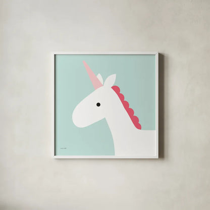 Unicorn by Ann Kelle. Shown in a crisp white glass frame for a clean and minimalist style. Available as an archival giclee rolled canvas, fine art paper, or poster print. SKU 56457a.