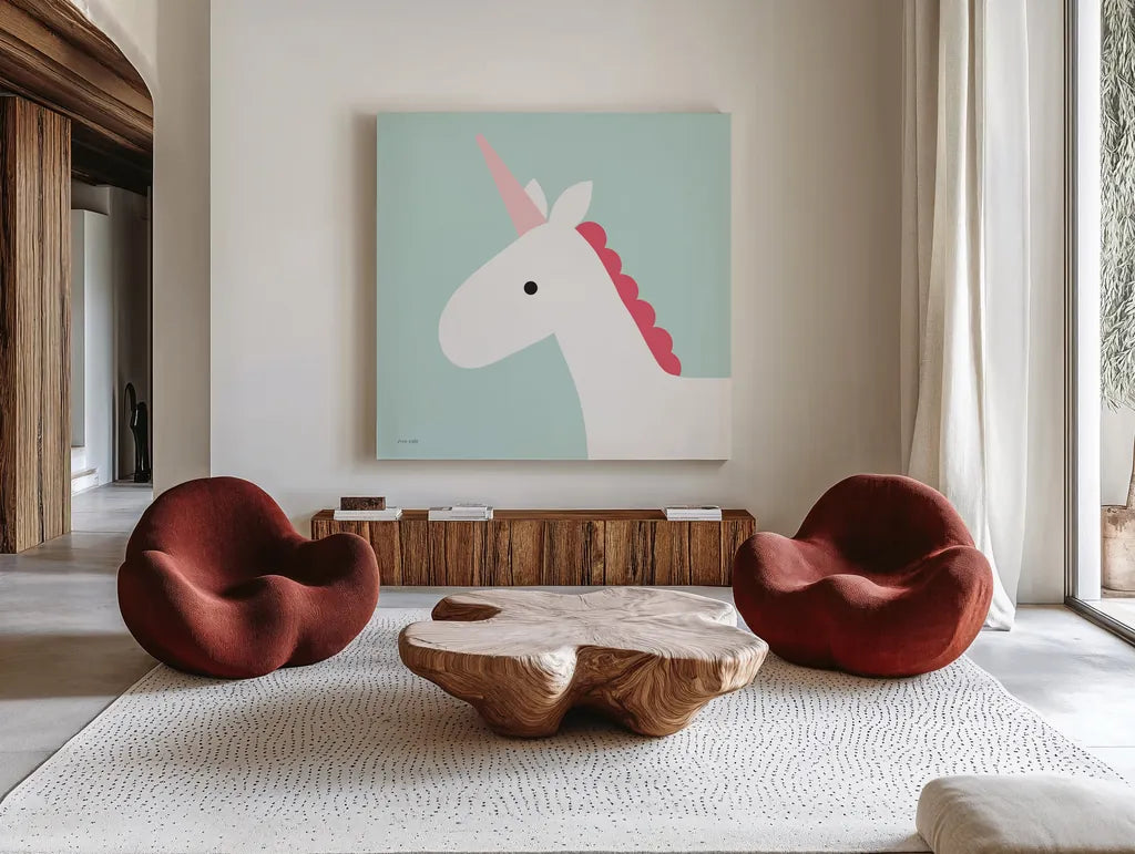 Unicorn by Ann Kelle. Shown as extra-large giant wall art in a modern living room. Available as an archival giclee rolled canvas, fine art paper, or poster print. SKU 56457a.