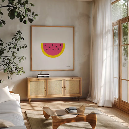 Watermelon by Ann Kelle. Shown in a natural wood frame in a cozy modern living room. Available as an archival giclee rolled canvas, fine art paper, or poster print. SKU 55615a.