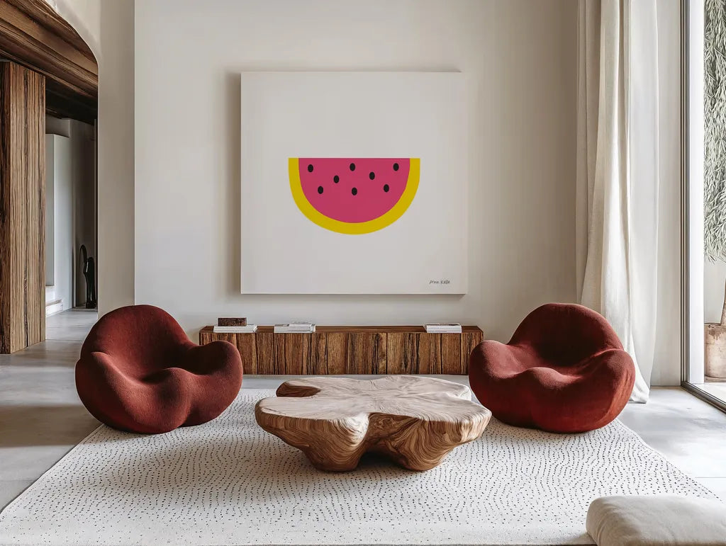 Watermelon by Ann Kelle. Shown as extra-large giant wall art in a modern living room. Available as an archival giclee rolled canvas, fine art paper, or poster print. SKU 55615a.