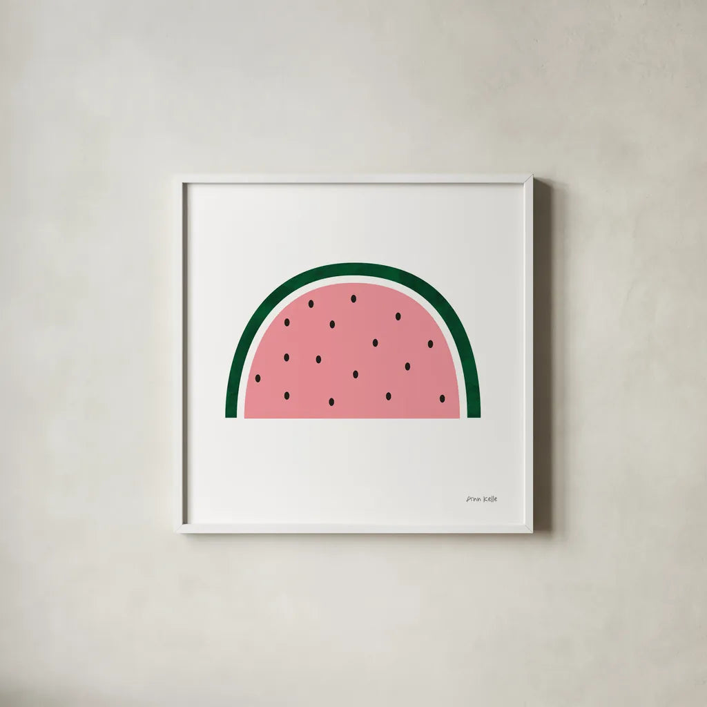 Watermelon by Ann Kelle. Shown in a crisp white glass frame for a clean and minimalist style. Available as an archival giclee rolled canvas, fine art paper, or poster print. SKU 56430a.