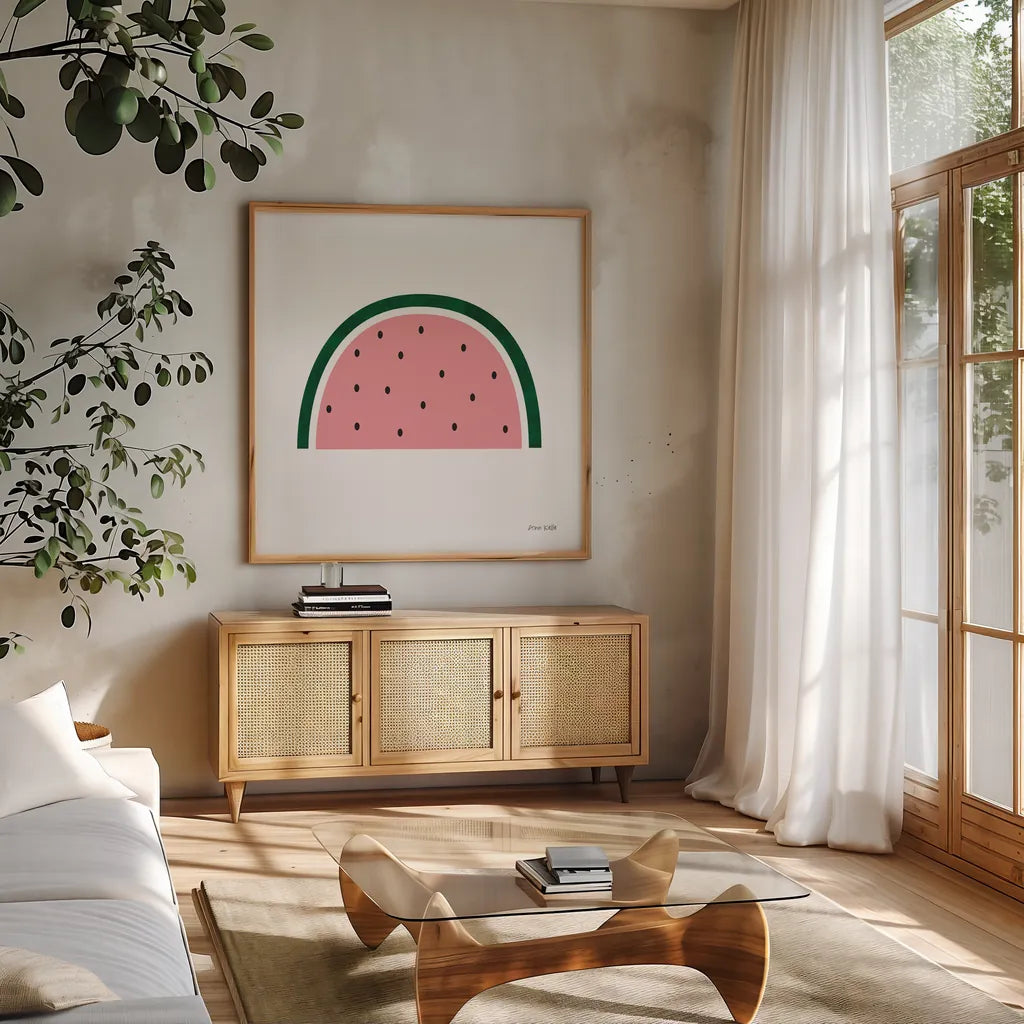 Watermelon by Ann Kelle. Shown in a natural wood frame in a cozy modern living room. Available as an archival giclee rolled canvas, fine art paper, or poster print. SKU 56430a.