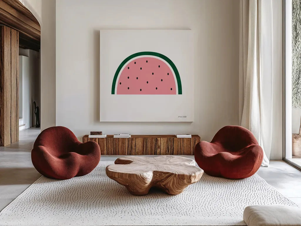 Watermelon by Ann Kelle. Shown as extra-large giant wall art in a modern living room. Available as an archival giclee rolled canvas, fine art paper, or poster print. SKU 56430a.