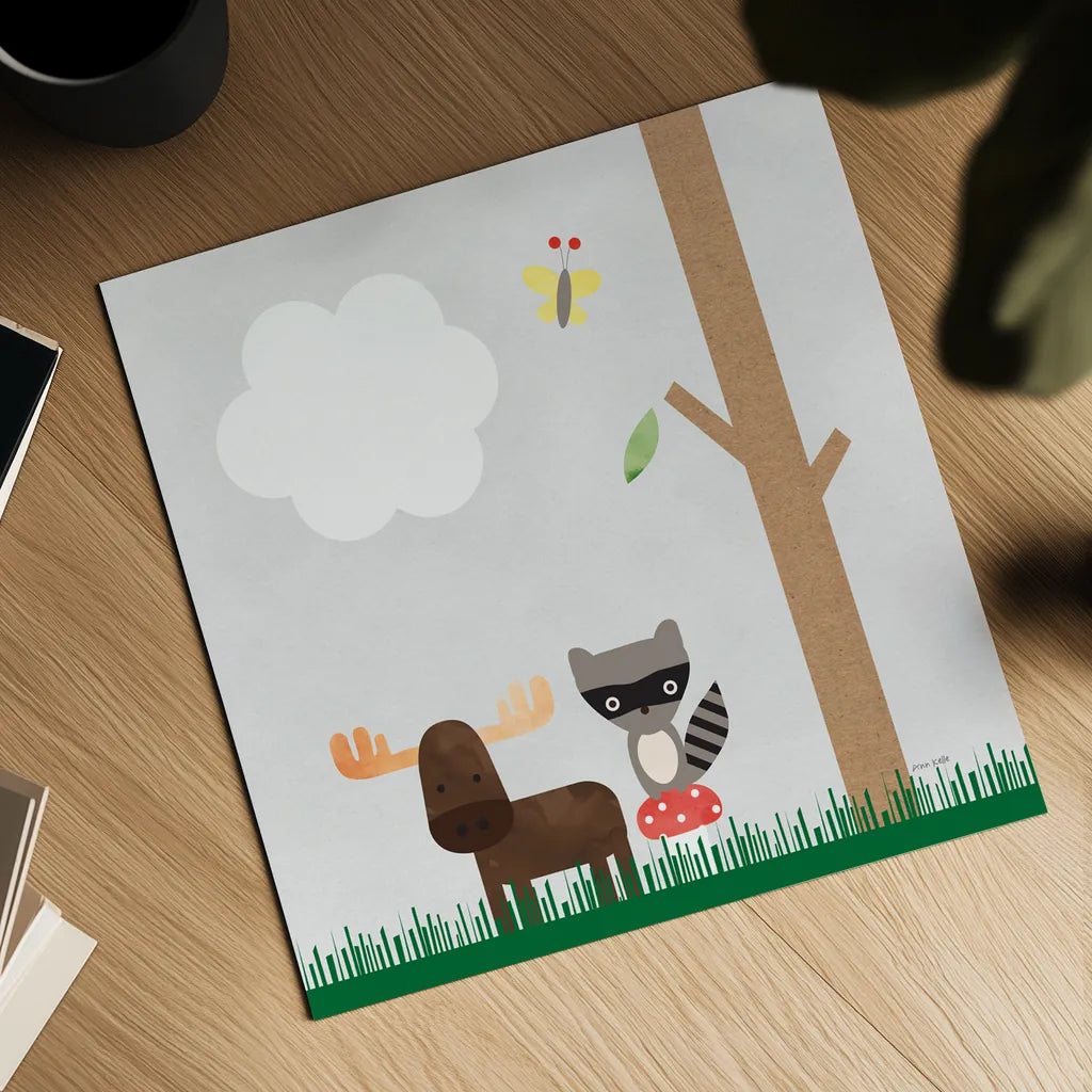 Woodland Animals I by Ann Kelle. Shown as a detailed flat fine art print, highlighting archival giclee quality. Available as an archival giclee rolled canvas, fine art paper, or poster print. SKU 55588a.