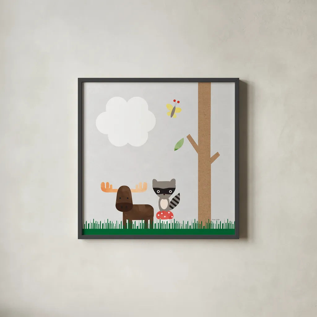 Woodland Animals I by Ann Kelle. Shown in a sleek black glass frame for a contemporary gallery look. Available as an archival giclee rolled canvas, fine art paper, or poster print. SKU 55588a.