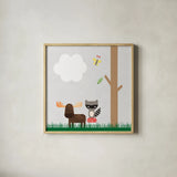 Woodland Animals I by Ann Kelle. Shown in a natural wood glass frame for a timeless modern aesthetic. Available as an archival giclee rolled canvas, fine art paper, or poster print. SKU 55588a.
