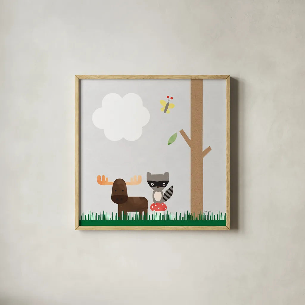 Woodland Animals I by Ann Kelle. Shown in a natural wood glass frame for a timeless modern aesthetic. Available as an archival giclee rolled canvas, fine art paper, or poster print. SKU 55588a.