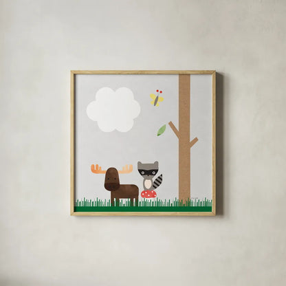 Woodland Animals I by Ann Kelle. Shown in a natural wood glass frame for a timeless modern aesthetic. Available as an archival giclee rolled canvas, fine art paper, or poster print. SKU 55588a.
