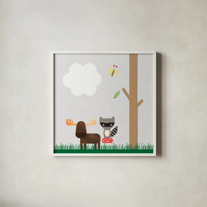 Woodland Animals I by Ann Kelle. Shown in a crisp white glass frame for a clean and minimalist style. Available as an archival giclee rolled canvas, fine art paper, or poster print. SKU 55588a.