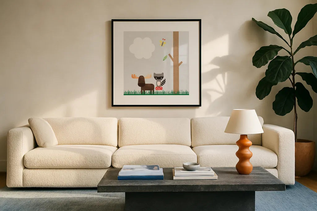 Woodland Animals I by Ann Kelle. Displayed in a glass frame with matte in a clean modern living room. Available as an archival giclee rolled canvas, fine art paper, or poster print. SKU 55588a.