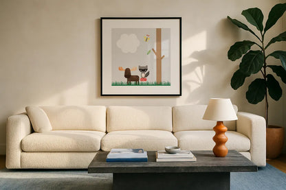 Woodland Animals I by Ann Kelle. Displayed in a glass frame with matte in a clean modern living room. Available as an archival giclee rolled canvas, fine art paper, or poster print. SKU 55588a.