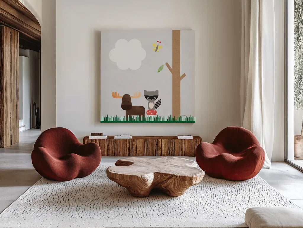 Woodland Animals I by Ann Kelle. Shown as extra-large giant wall art in a modern living room. Available as an archival giclee rolled canvas, fine art paper, or poster print. SKU 55588a.