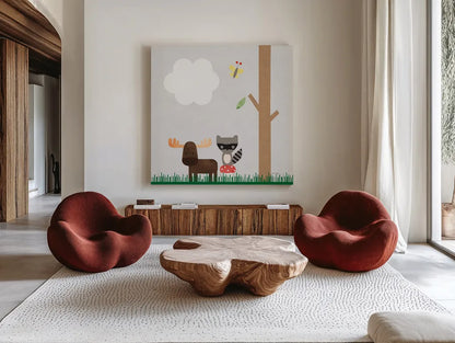 Woodland Animals I by Ann Kelle. Shown as extra-large giant wall art in a modern living room. Available as an archival giclee rolled canvas, fine art paper, or poster print. SKU 55588a.