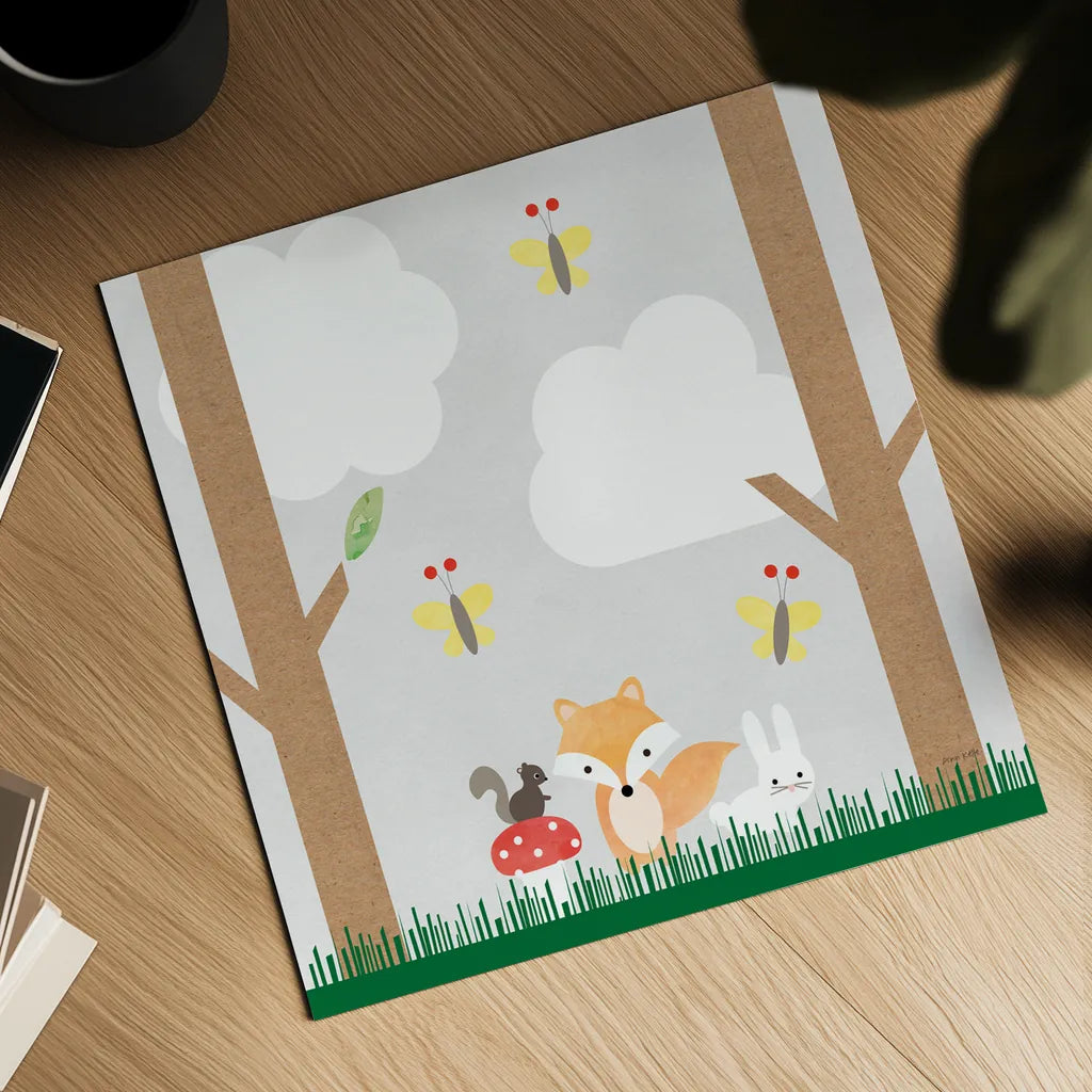 Woodland Animals II by Ann Kelle. Shown as a detailed flat fine art print, highlighting archival giclee quality. Available as an archival giclee rolled canvas, fine art paper, or poster print. SKU 55589a.