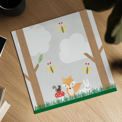 Woodland Animals II by Ann Kelle. Shown as a detailed flat fine art print, highlighting archival giclee quality. Available as an archival giclee rolled canvas, fine art paper, or poster print. SKU 55589a.