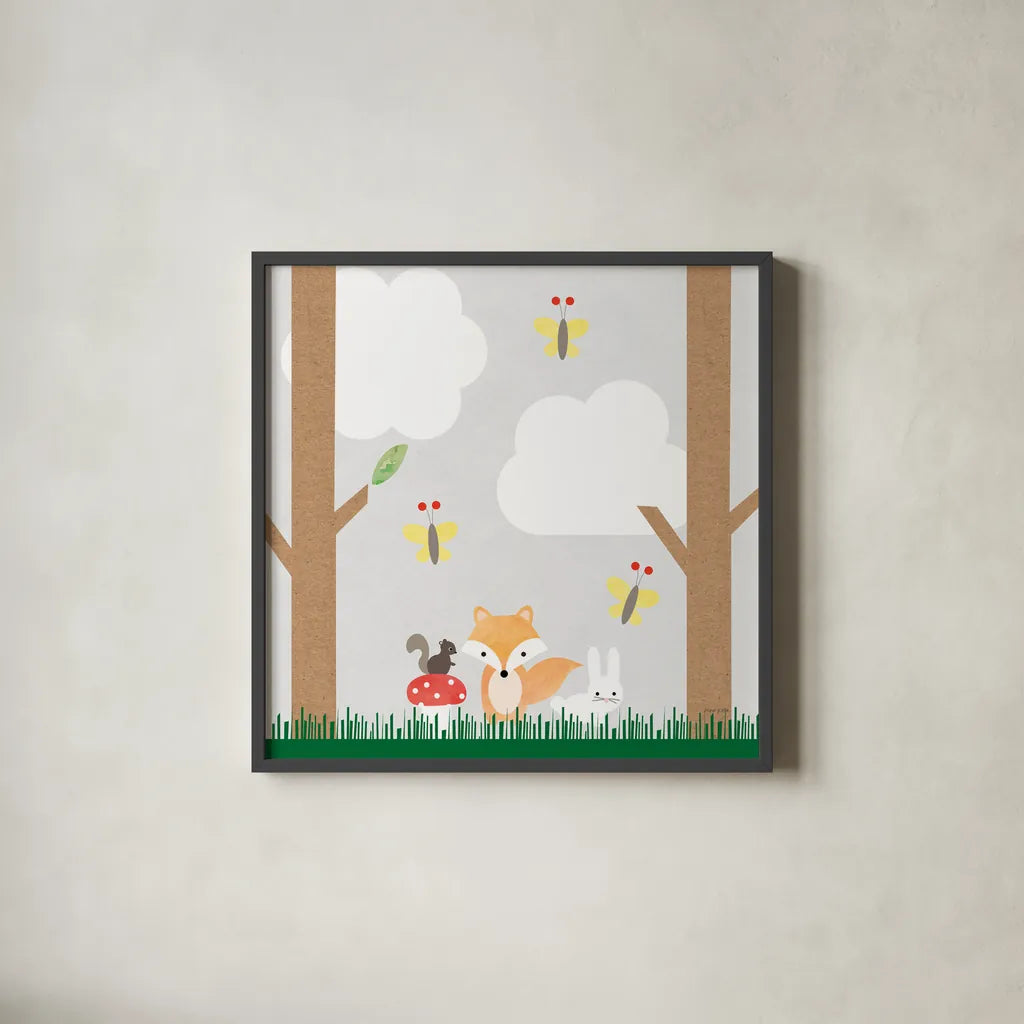 Woodland Animals II by Ann Kelle. Shown in a sleek black glass frame for a contemporary gallery look. Available as an archival giclee rolled canvas, fine art paper, or poster print. SKU 55589a.