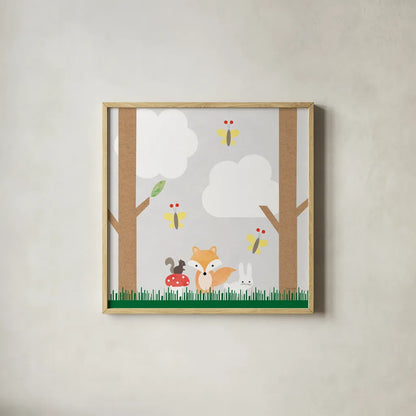 Woodland Animals II by Ann Kelle. Shown in a natural wood glass frame for a timeless modern aesthetic. Available as an archival giclee rolled canvas, fine art paper, or poster print. SKU 55589a.