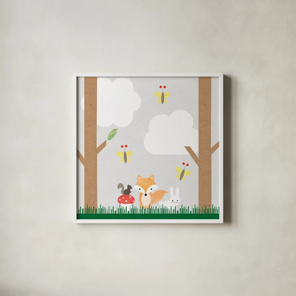 Woodland Animals II by Ann Kelle. Shown in a crisp white glass frame for a clean and minimalist style. Available as an archival giclee rolled canvas, fine art paper, or poster print. SKU 55589a.