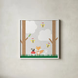 Woodland Animals II by Ann Kelle. Shown in a crisp white glass frame for a clean and minimalist style. Available as an archival giclee rolled canvas, fine art paper, or poster print. SKU 55589a.