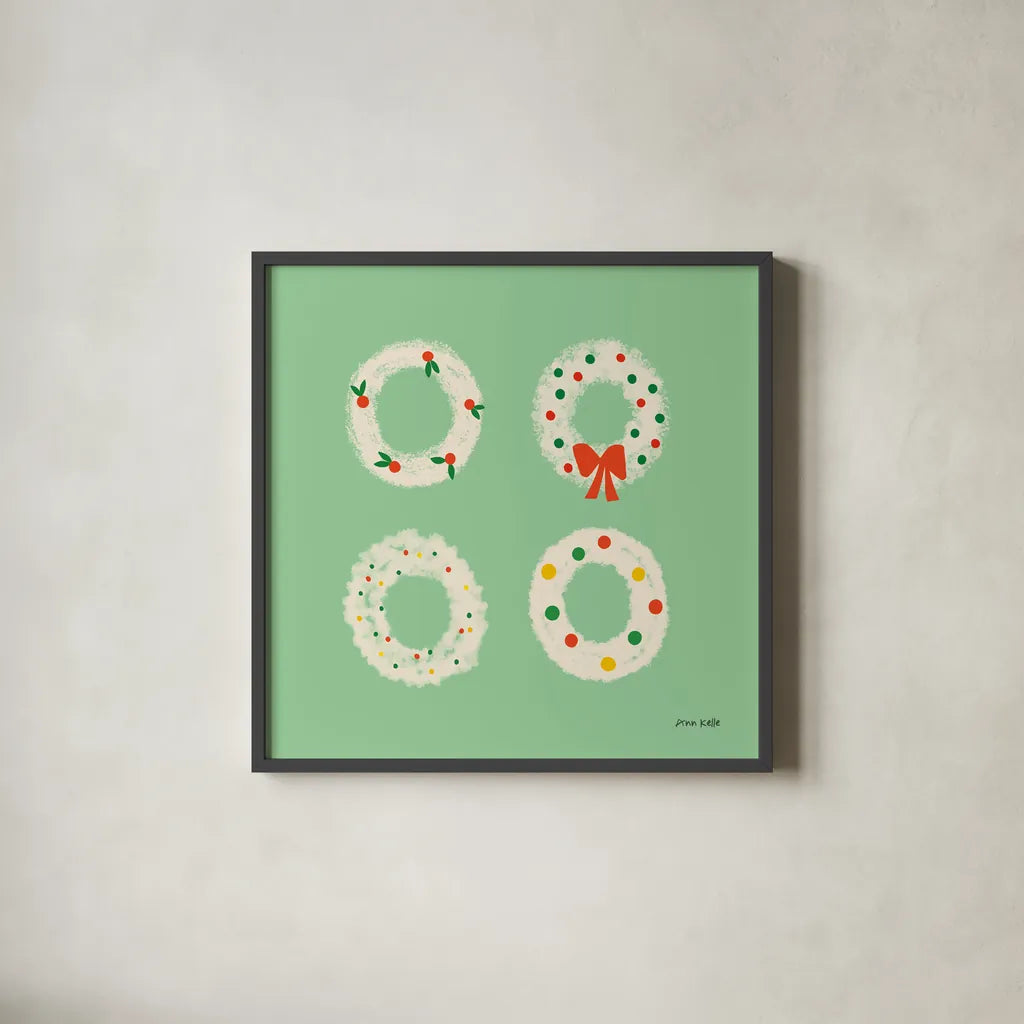 Wreaths by Ann Kelle. Shown in a sleek black glass frame for a contemporary gallery look. Available as an archival giclee rolled canvas, fine art paper, or poster print. SKU 81238a.