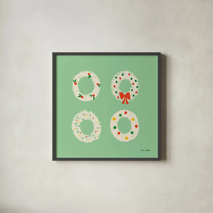 Wreaths by Ann Kelle. Shown in a sleek black glass frame for a contemporary gallery look. Available as an archival giclee rolled canvas, fine art paper, or poster print. SKU 81238a.