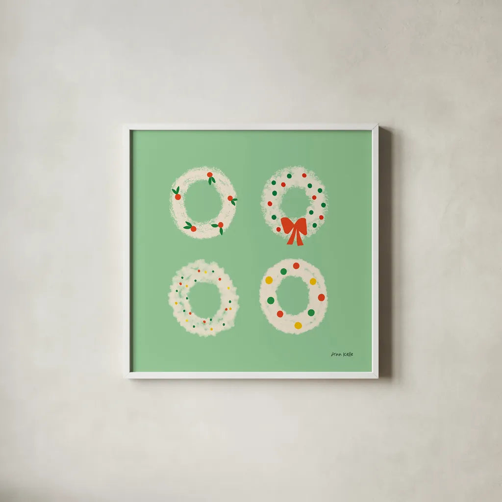 Wreaths by Ann Kelle. Shown in a crisp white glass frame for a clean and minimalist style. Available as an archival giclee rolled canvas, fine art paper, or poster print. SKU 81238a.