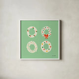 Wreaths by Ann Kelle. Shown in a crisp white glass frame for a clean and minimalist style. Available as an archival giclee rolled canvas, fine art paper, or poster print. SKU 81238a.