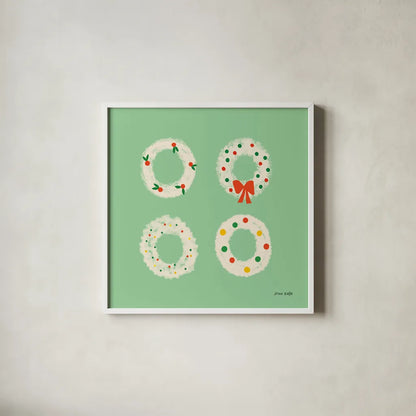 Wreaths by Ann Kelle. Shown in a crisp white glass frame for a clean and minimalist style. Available as an archival giclee rolled canvas, fine art paper, or poster print. SKU 81238a.