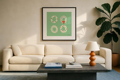 Wreaths by Ann Kelle. Displayed in a glass frame with matte in a clean modern living room. Available as an archival giclee rolled canvas, fine art paper, or poster print. SKU 81238a.
