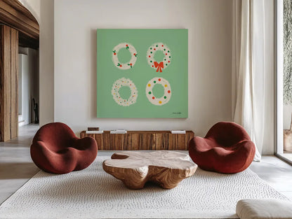 Wreaths by Ann Kelle. Shown as extra-large giant wall art in a modern living room. Available as an archival giclee rolled canvas, fine art paper, or poster print. SKU 81238a.
