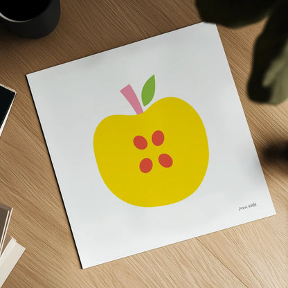 Yellow Apple by Ann Kelle. Shown as a detailed flat fine art print, highlighting archival giclee quality. Available as an archival giclee rolled canvas, fine art paper, or poster print. SKU 55614a.