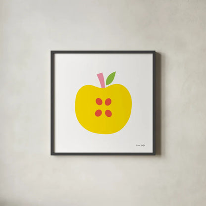 Yellow Apple by Ann Kelle. Shown in a sleek black glass frame for a contemporary gallery look. Available as an archival giclee rolled canvas, fine art paper, or poster print. SKU 55614a.