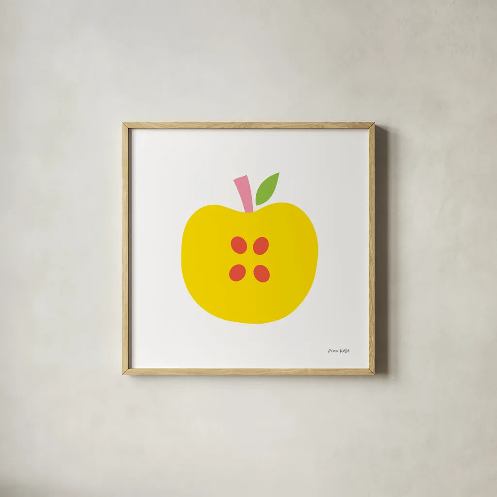 Yellow Apple by Ann Kelle. Shown in a natural wood glass frame for a timeless modern aesthetic. Available as an archival giclee rolled canvas, fine art paper, or poster print. SKU 55614a.