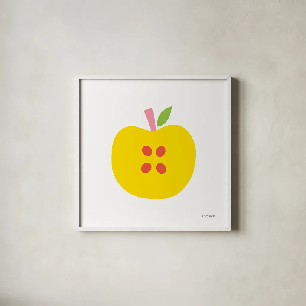 Yellow Apple by Ann Kelle. Shown in a crisp white glass frame for a clean and minimalist style. Available as an archival giclee rolled canvas, fine art paper, or poster print. SKU 55614a.