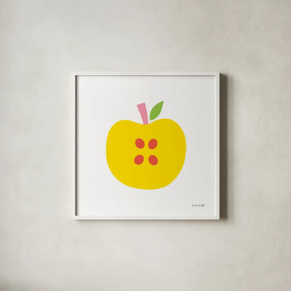 Yellow Apple by Ann Kelle. Shown in a crisp white glass frame for a clean and minimalist style. Available as an archival giclee rolled canvas, fine art paper, or poster print. SKU 55614a.