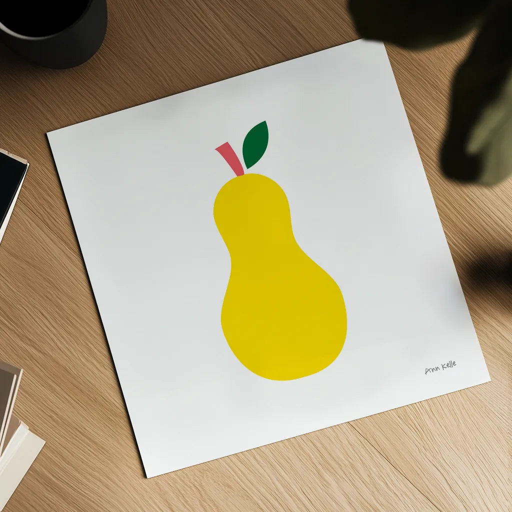 Yellow Pear by Ann Kelle. Shown as a detailed flat fine art print, highlighting archival giclee quality. Available as an archival giclee rolled canvas, fine art paper, or poster print. SKU 55616a.