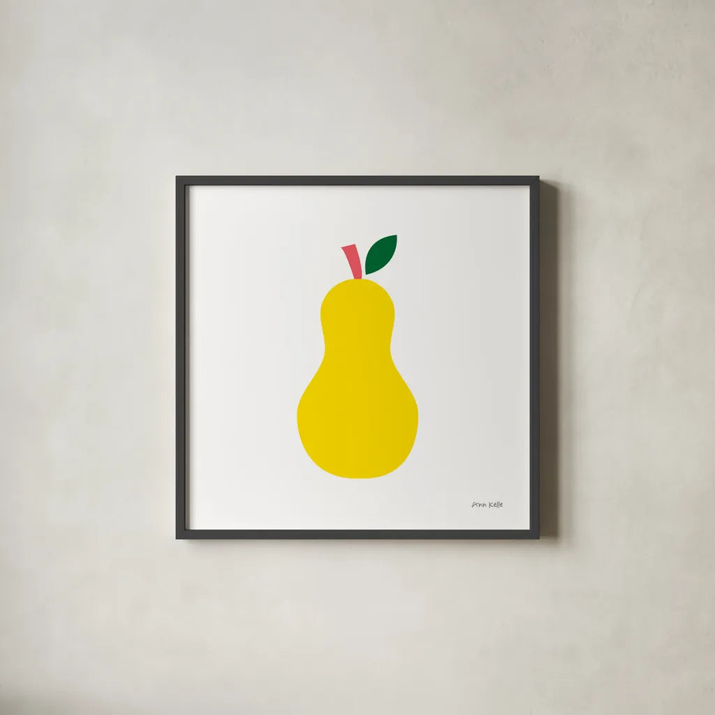 Yellow Pear by Ann Kelle. Shown in a sleek black glass frame for a contemporary gallery look. Available as an archival giclee rolled canvas, fine art paper, or poster print. SKU 55616a.