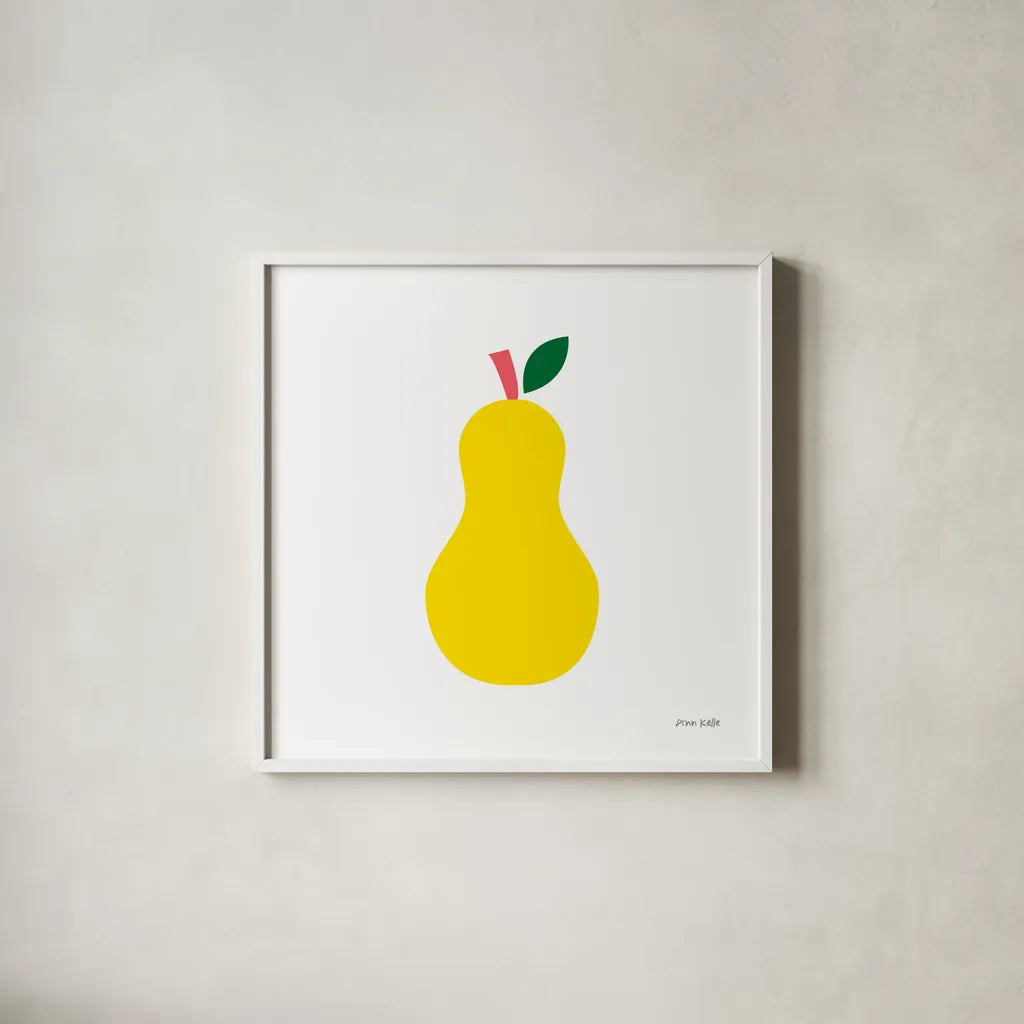 Yellow Pear by Ann Kelle. Shown in a crisp white glass frame for a clean and minimalist style. Available as an archival giclee rolled canvas, fine art paper, or poster print. SKU 55616a.