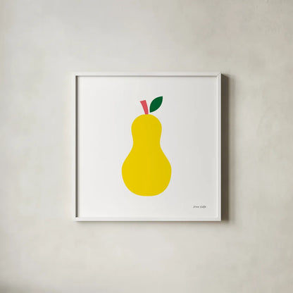 Yellow Pear by Ann Kelle. Shown in a crisp white glass frame for a clean and minimalist style. Available as an archival giclee rolled canvas, fine art paper, or poster print. SKU 55616a.