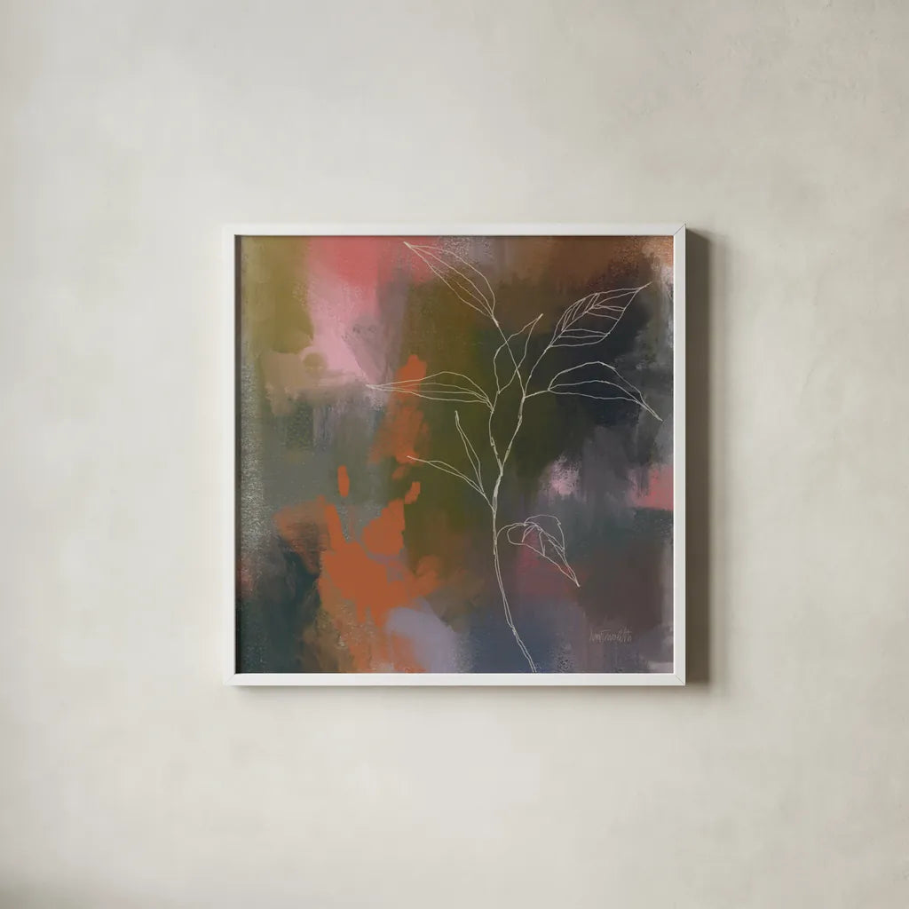 Abstract Botanical by Anne Tavoletti. Shown in a crisp white glass frame for a clean and minimalist style. Available as an archival giclee rolled canvas, fine art paper, or poster print. SKU 97375a.
