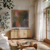 Abstract Botanical by Anne Tavoletti. Shown in a natural wood frame in a cozy modern living room. Available as an archival giclee rolled canvas, fine art paper, or poster print. SKU 97375a.