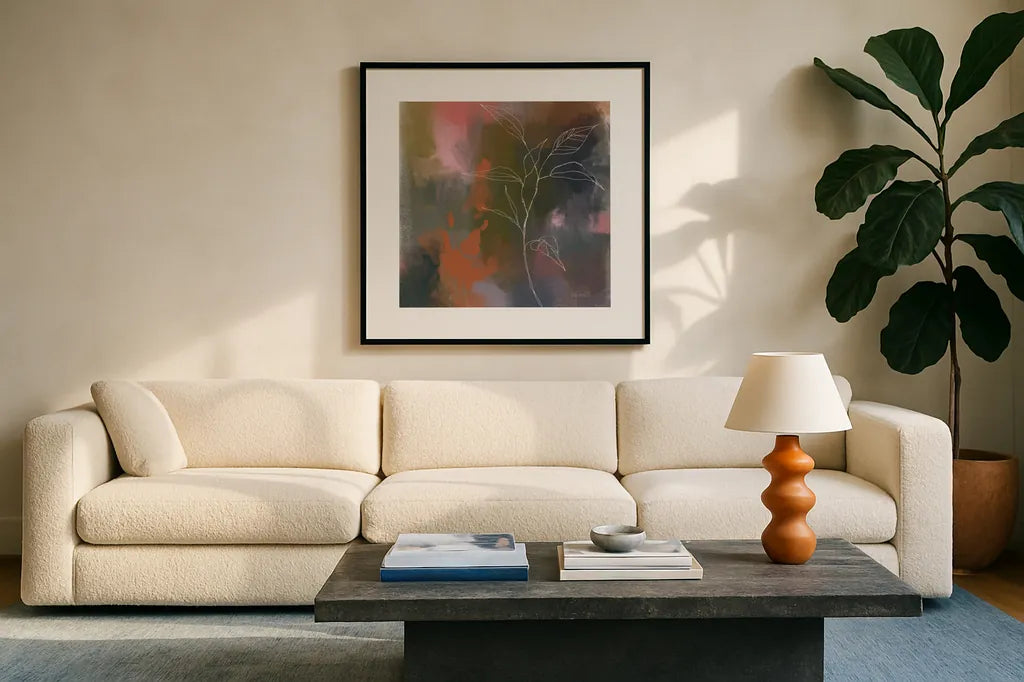 Abstract Botanical by Anne Tavoletti. Displayed in a glass frame with matte in a clean modern living room. Available as an archival giclee rolled canvas, fine art paper, or poster print. SKU 97375a.