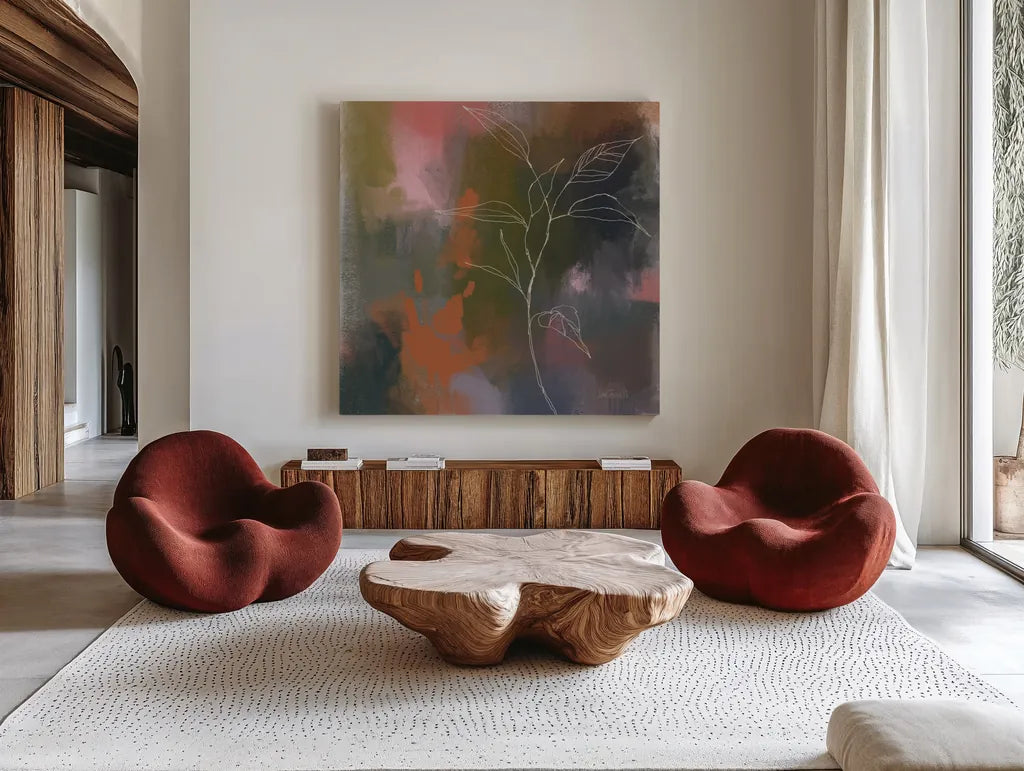 Abstract Botanical by Anne Tavoletti. Shown as extra-large giant wall art in a modern living room. Available as an archival giclee rolled canvas, fine art paper, or poster print. SKU 97375a.