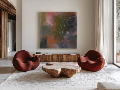 Abstract Botanical by Anne Tavoletti. Shown as extra-large giant wall art in a modern living room. Available as an archival giclee rolled canvas, fine art paper, or poster print. SKU 97375a.