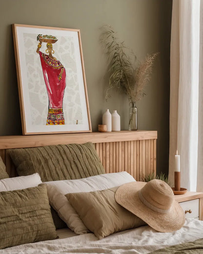 African Flair IX B by Anne Tavoletti. shown as a paper print in a natural frame. Available as a archival giclee rolled canvas, fine art paper, or poster print. SKU 73687h.