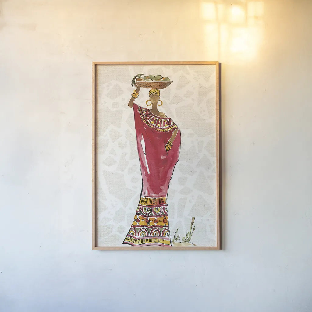 African Flair IX B by Anne Tavoletti. shown as a paper print in a natural frame. Available as a archival giclee rolled canvas, fine art paper, or poster print. SKU 73687h.