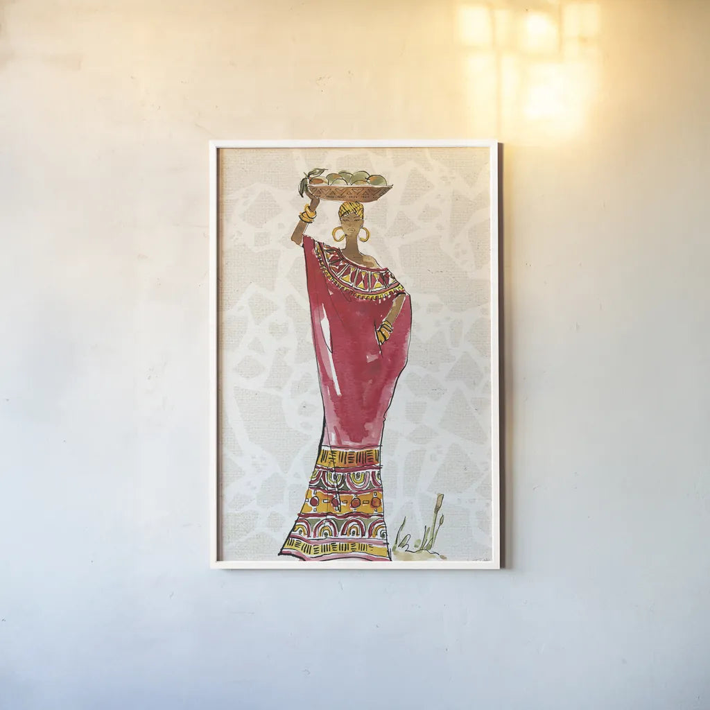 African Flair IX B by Anne Tavoletti. shown as a paper print in a white frame. Available as a archival giclee rolled canvas, fine art paper, or poster print. SKU 73687h.