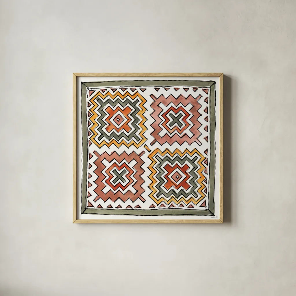 African Flair XIII by Anne Tavoletti. Shown in a natural wood glass frame for a timeless modern aesthetic. Available as an archival giclee rolled canvas, fine art paper, or poster print. SKU 69452a.