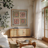 African Flair XIII by Anne Tavoletti. Shown in a natural wood frame in a cozy modern living room. Available as an archival giclee rolled canvas, fine art paper, or poster print. SKU 69452a.